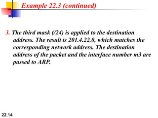 22.14
Example 22.3 (continued)
3. The third mask (/24) is applied to the destination
address. The result is 201.4.22.0, which matches the
corresponding network address. The destination
address of the packet and the interface number m3 are
passed to ARP.
 