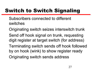 Switch to Switch Signaling
 Subscribers connected to different
 switches
 Originating switch seizes interswitch trunk
 Send off hook signal on trunk, requesting
 digit register at target switch (for address)
 Terminating switch sends off hook followed
 by on hook (wink) to show register ready
 Originating switch sends address

                                   27
 