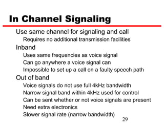 In Channel Signaling
 Use same channel for signaling and call
   Requires no additional transmission facilities
 Inband
   Uses same frequencies as voice signal
   Can go anywhere a voice signal can
   Impossible to set up a call on a faulty speech path
 Out of band
   Voice signals do not use full 4kHz bandwidth
   Narrow signal band within 4kHz used for control
   Can be sent whether or not voice signals are present
   Need extra electronics
   Slower signal rate (narrow bandwidth)
                                           29
 
