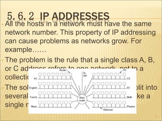 5.6.2 IP ADDRESSES
• All the hosts in a network must have the same
network number. This property of IP addressing
can cause problems as networks grow. For
example……
• The problem is the rule that a single class A, B,
or C address refers to one network, not to a
collection of LANs.
• The solution is to allow a network to be split into
several parts for internal use but still act like a
single network to the outside world.
71
 
