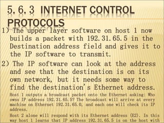 5.6.3 INTERNET CONTROL
PROTOCOLS
1）The upper layer software on host 1 now
builds a packet with 192.31.65.5 in the
Destination address field and gives it to
the IP software to transmit.
2）The IP software can look at the address
and see that the destination is on its
own network, but it needs some way to
find the destination's Ethernet address.
• Host 1 outputs a broadcast packet onto the Ethernet asking: Who
owns IP address 192.31.65.5? The broadcast will arrive at every
machine on Ethernet 192.31.65.0, and each one will check its IP
address.
• Host 2 alone will respond with its Ethernet address (E2). In this
way host 1 learns that IP address 192.31.65.5 is on the host with
75
 