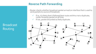 Broadcast
Routing
Reverse Path Forwarding
 Router checks whether broadcast packet arrived on interface that is used to
send packets to source of broadcast.
 If so, it’s likely that it followed best route and thus not a duplicate;
router forwards packet on all lines.
 If not, packet discarded as likely duplicate.

 
