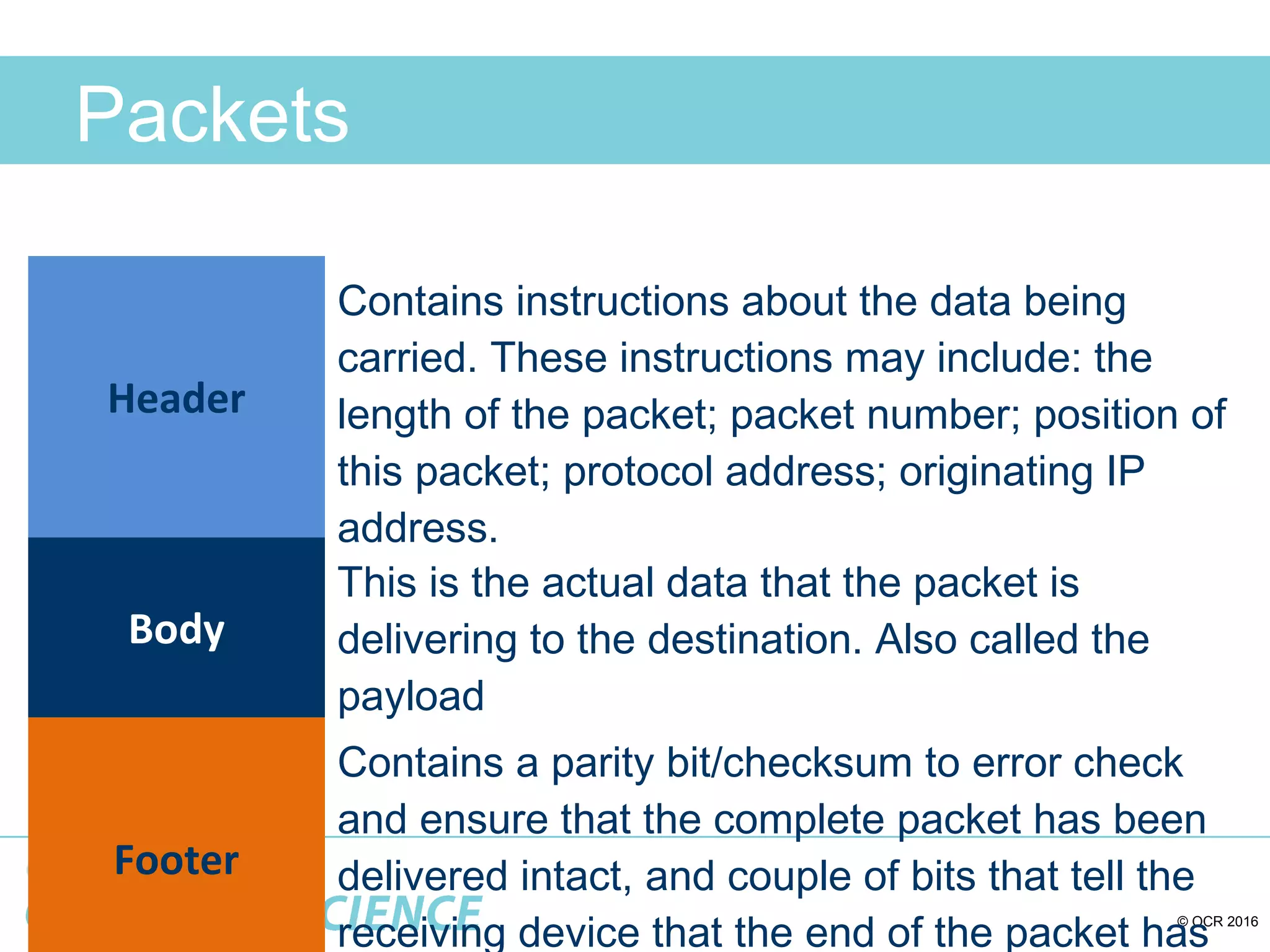 © OCR 2016
Packets
Header
Contains instructions about the data being
carried. These instructions may include: the
length of the packet; packet number; position of
this packet; protocol address; originating IP
address.
Body
This is the actual data that the packet is
delivering to the destination. Also called the
payload
Footer
Contains a parity bit/checksum to error check
and ensure that the complete packet has been
delivered intact, and couple of bits that tell the
receiving device that the end of the packet has
 