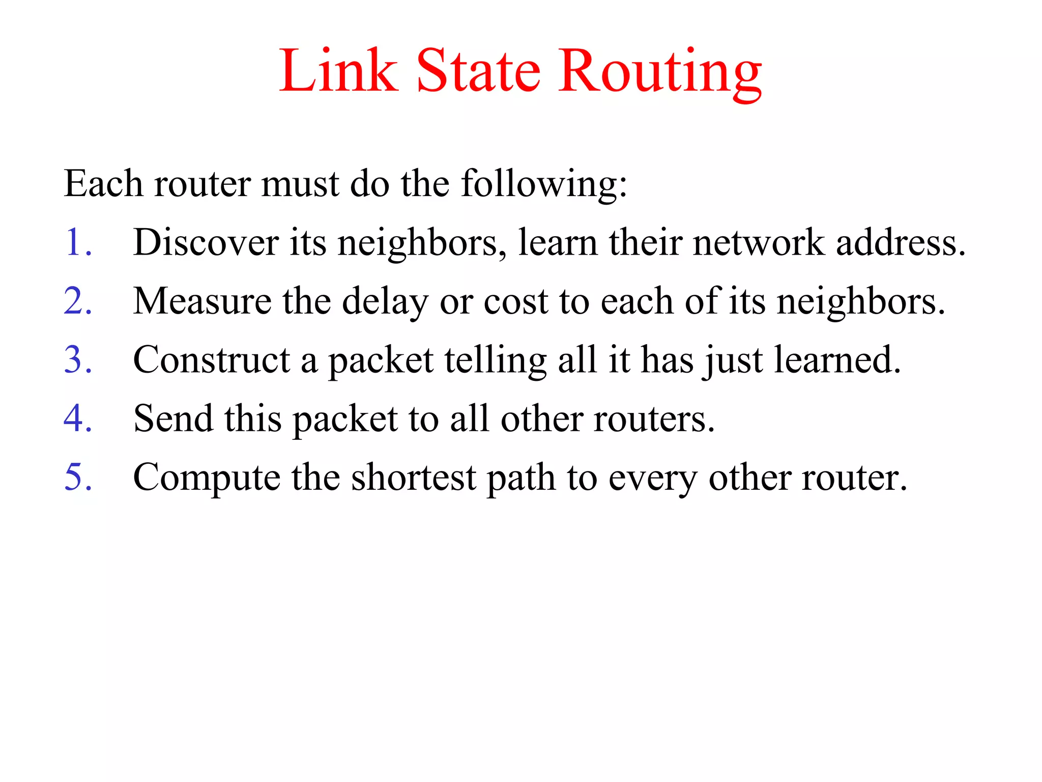 Link State Routing
Each router must do the following:
1. Discover its neighbors, learn their network address.
2. Measure the delay or cost to each of its neighbors.
3. Construct a packet telling all it has just learned.
4. Send this packet to all other routers.
5. Compute the shortest path to every other router.
 