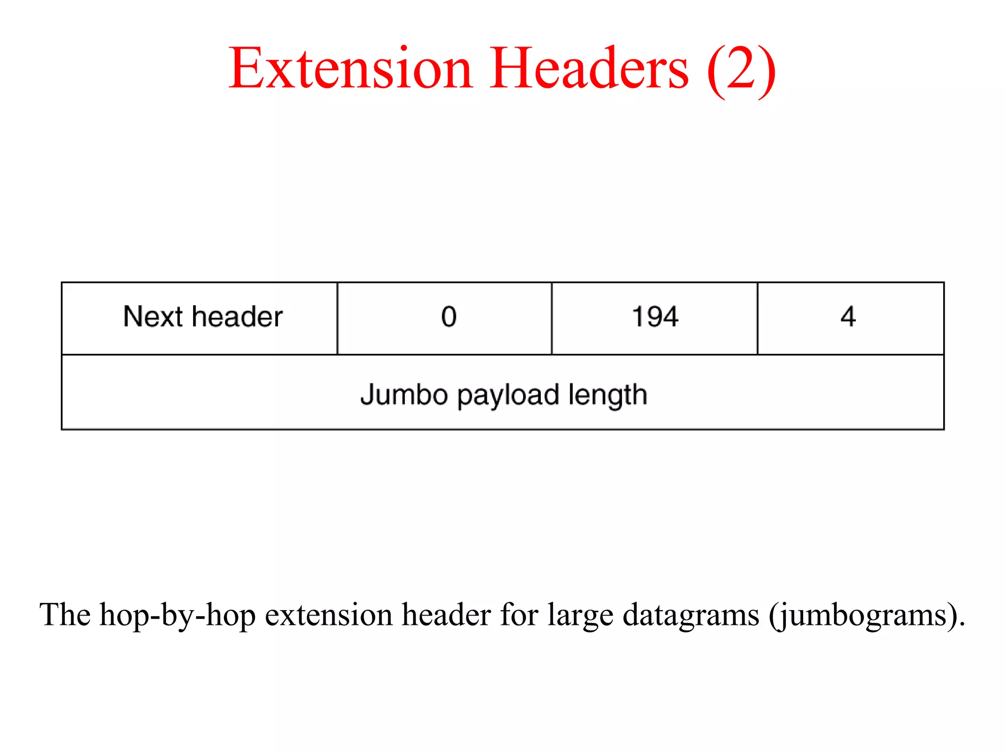 Extension Headers (2)
The hop-by-hop extension header for large datagrams (jumbograms).
 