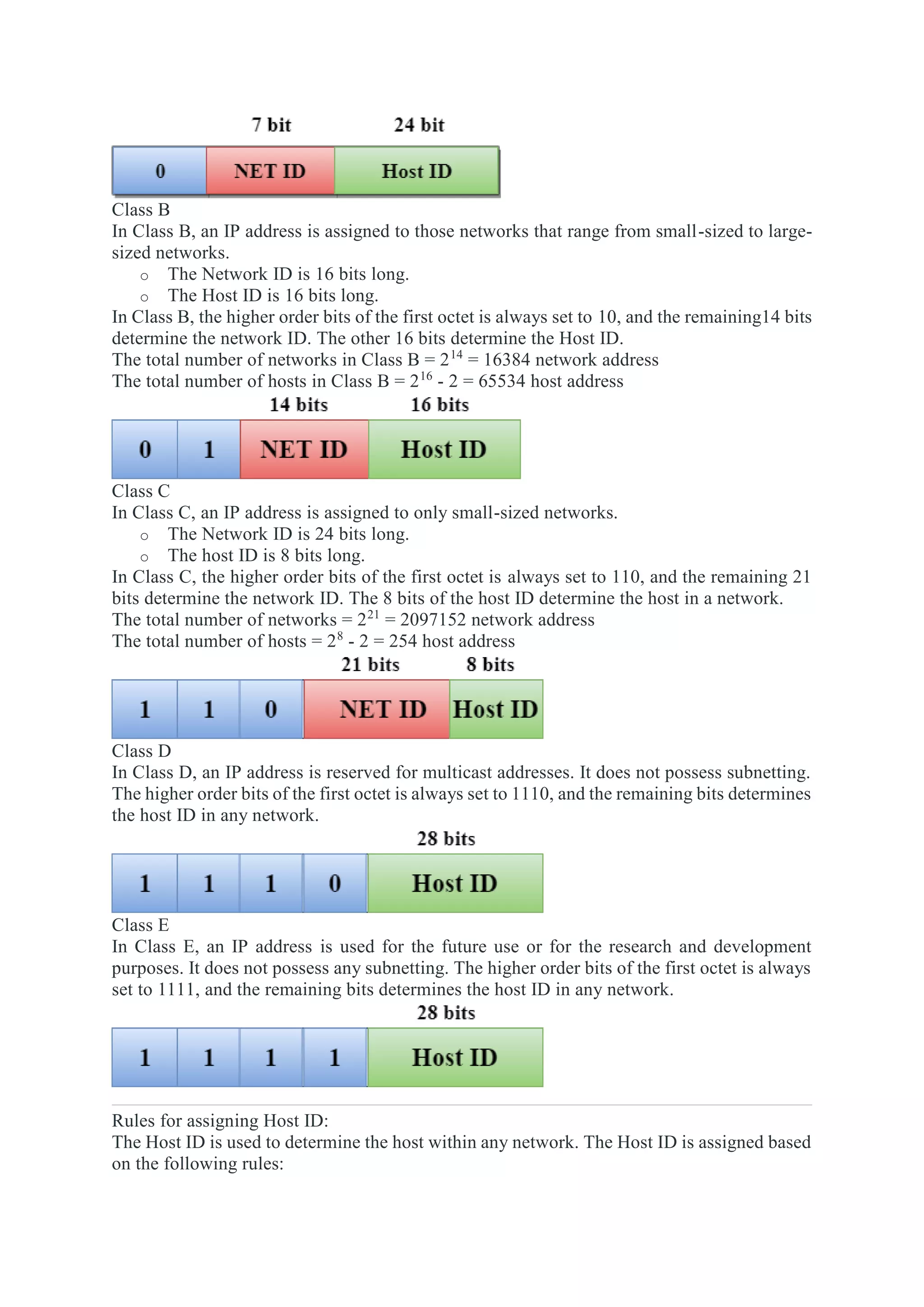 Class B
In Class B, an IP address is assigned to those networks that range from small-sized to large-
sized networks.
o The Network ID is 16 bits long.
o The Host ID is 16 bits long.
In Class B, the higher order bits of the first octet is always set to 10, and the remaining14 bits
determine the network ID. The other 16 bits determine the Host ID.
The total number of networks in Class B = 214
= 16384 network address
The total number of hosts in Class B = 216
- 2 = 65534 host address
Class C
In Class C, an IP address is assigned to only small-sized networks.
o The Network ID is 24 bits long.
o The host ID is 8 bits long.
In Class C, the higher order bits of the first octet is always set to 110, and the remaining 21
bits determine the network ID. The 8 bits of the host ID determine the host in a network.
The total number of networks = 221
= 2097152 network address
The total number of hosts = 28
- 2 = 254 host address
Class D
In Class D, an IP address is reserved for multicast addresses. It does not possess subnetting.
The higher order bits of the first octet is always set to 1110, and the remaining bits determines
the host ID in any network.
Class E
In Class E, an IP address is used for the future use or for the research and development
purposes. It does not possess any subnetting. The higher order bits of the first octet is always
set to 1111, and the remaining bits determines the host ID in any network.
Rules for assigning Host ID:
The Host ID is used to determine the host within any network. The Host ID is assigned based
on the following rules:
 