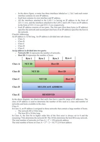 o In the above figure, a router has three interfaces labeled as 1, 2 & 3 and each router
interface contains its own IP address.
o Each host contains its own interface and IP address.
o All the interfaces attached to the LAN 1 is having an IP address in the form of
223.1.1.xxx, and the interfaces attached to the LAN 2 and LAN 3 have an IP address
in the form of 223.1.2.xxx and 223.1.3.xxx respectively.
o Each IP address consists of two parts. The first part (first three bytes in IP address)
specifies the network and second part (last byte of an IP address) specifies the host in
the network.
Classful Addressing
An IP address is 32-bit long. An IP address is divided into sub-classes:
o Class A
o Class B
o Class C
o Class D
o Class E
An ip address is divided into two parts:
o Network ID: It represents the number of networks.
o Host ID: It represents the number of hosts.
In the above diagram, we observe that each class have a specific range of IP addresses. The
class of IP address is used to determine the number of bits used in a class and number of
networks and hosts available in the class.
Class A
In Class A, an IP address is assigned to those networks that contain a large number of hosts.
o The network ID is 8 bits long.
o The host ID is 24 bits long.
In Class A, the first bit in higher order bits of the first octet is always set to 0 and the
remaining 7 bits determine the network ID. The 24 bits determine the host ID in any network.
The total number of networks in Class A = 27
= 128 network address
The total number of hosts in Class A = 224
- 2 = 16,777,214 host address
 