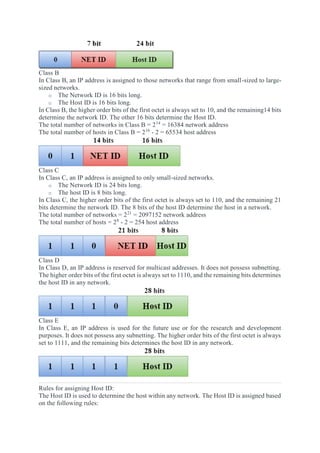 Class B
In Class B, an IP address is assigned to those networks that range from small-sized to large-
sized networks.
o The Network ID is 16 bits long.
o The Host ID is 16 bits long.
In Class B, the higher order bits of the first octet is always set to 10, and the remaining14 bits
determine the network ID. The other 16 bits determine the Host ID.
The total number of networks in Class B = 214
= 16384 network address
The total number of hosts in Class B = 216
- 2 = 65534 host address
Class C
In Class C, an IP address is assigned to only small-sized networks.
o The Network ID is 24 bits long.
o The host ID is 8 bits long.
In Class C, the higher order bits of the first octet is always set to 110, and the remaining 21
bits determine the network ID. The 8 bits of the host ID determine the host in a network.
The total number of networks = 221
= 2097152 network address
The total number of hosts = 28
- 2 = 254 host address
Class D
In Class D, an IP address is reserved for multicast addresses. It does not possess subnetting.
The higher order bits of the first octet is always set to 1110, and the remaining bits determines
the host ID in any network.
Class E
In Class E, an IP address is used for the future use or for the research and development
purposes. It does not possess any subnetting. The higher order bits of the first octet is always
set to 1111, and the remaining bits determines the host ID in any network.
Rules for assigning Host ID:
The Host ID is used to determine the host within any network. The Host ID is assigned based
on the following rules:
 