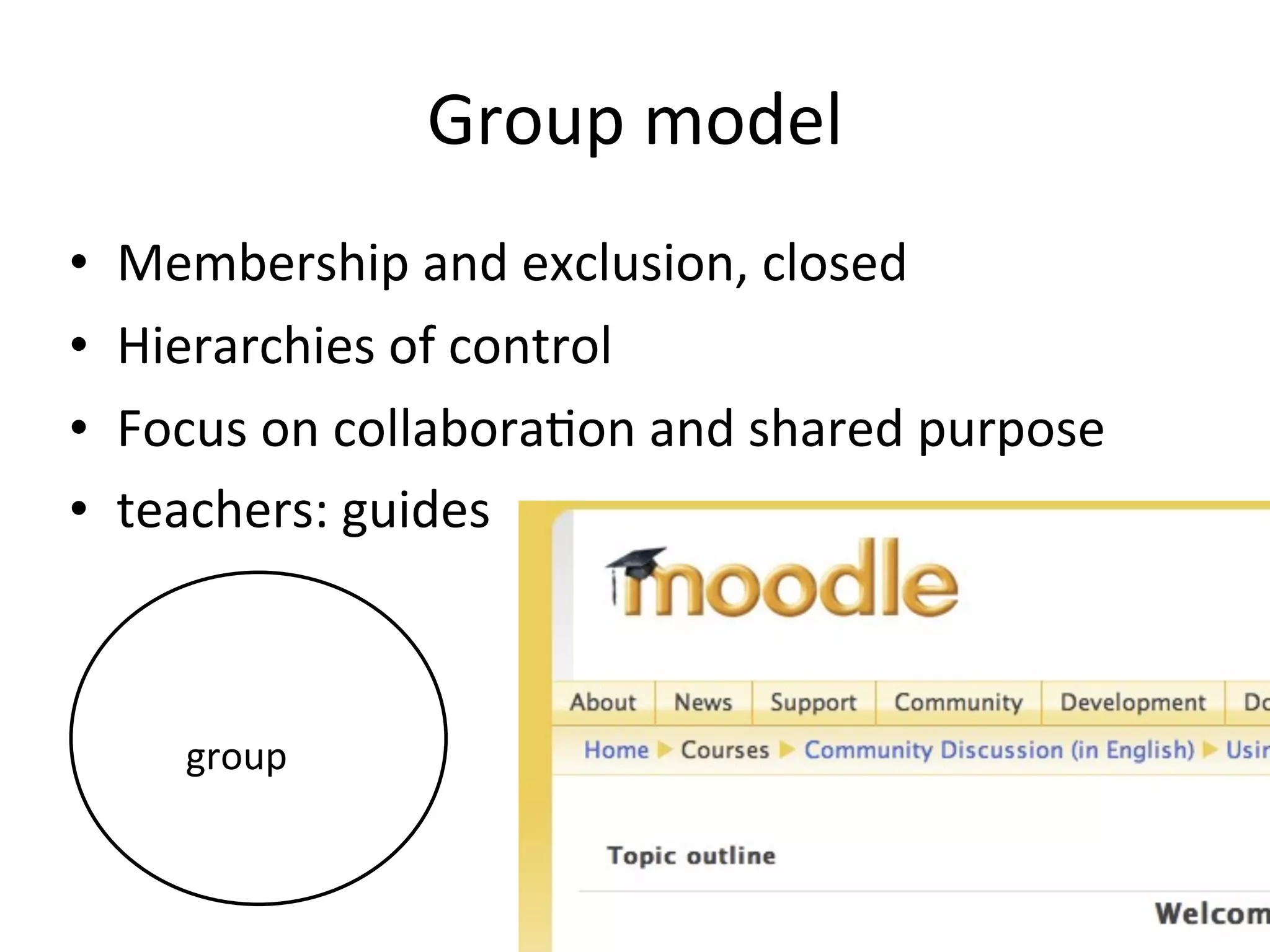 Group	
  model
•   Membership	
  and	
  exclusion,	
  closed	
  
•   Hierarchies	
  of	
  control
•   Focus	
  on	
  collaboraAon	
  and	
  shared	
  purpose
•   teachers:	
  guides



       group


                                                              25
 