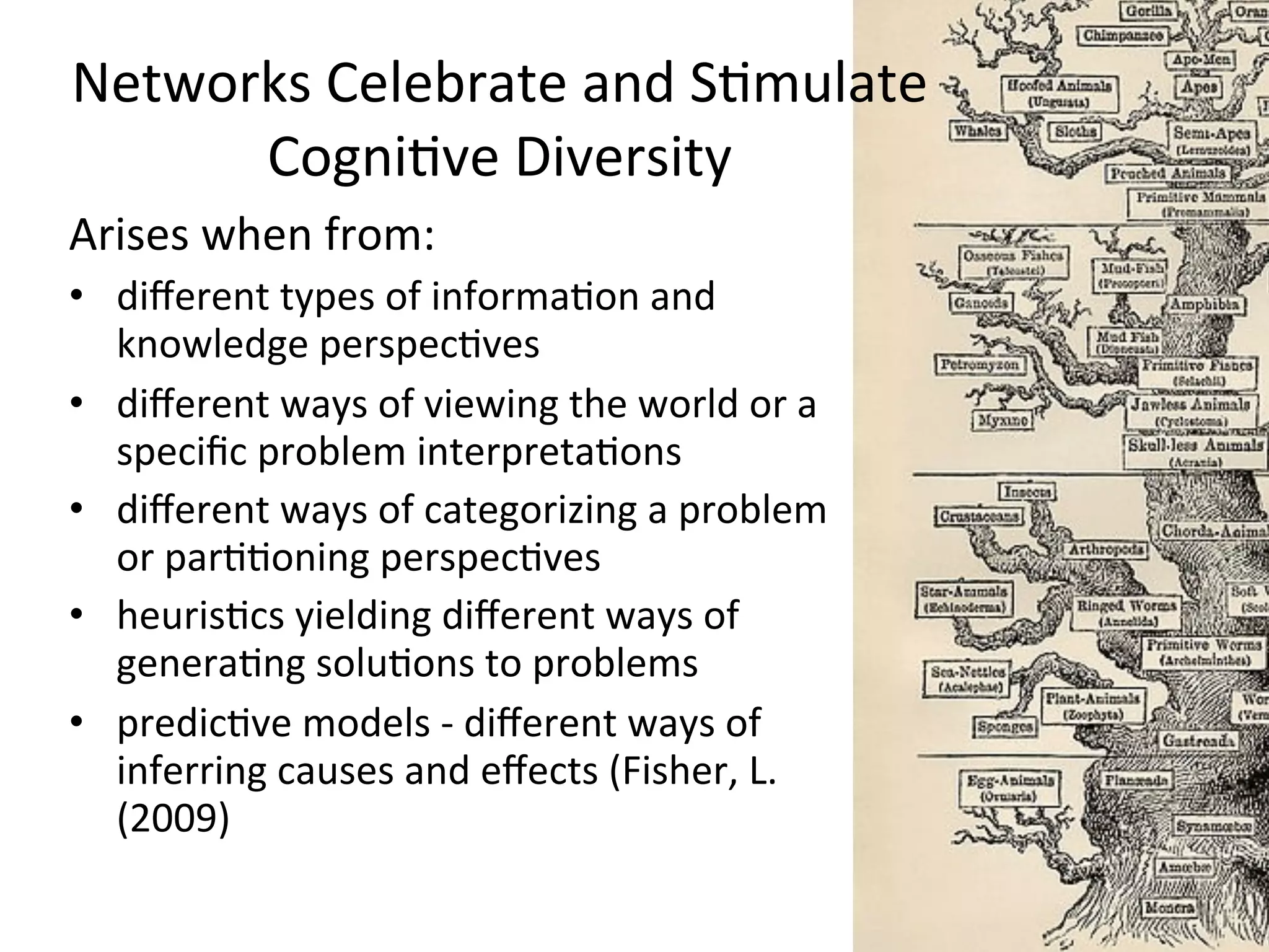 Networks	
  Celebrate	
  and	
  SAmulate	
  
      CogniAve	
  Diversity
Arises	
  when	
  from:
• diﬀerent	
  types	
  of	
  informaAon	
  and	
  
  knowledge	
  perspecAves
• diﬀerent	
  ways	
  of	
  viewing	
  the	
  world	
  or	
  a	
  
  speciﬁc	
  problem	
  interpretaAons
• diﬀerent	
  ways	
  of	
  categorizing	
  a	
  problem	
  
  or	
  parAAoning	
  perspecAves	
  
• heurisAcs	
  yielding	
  diﬀerent	
  ways	
  of	
  
  generaAng	
  soluAons	
  to	
  problems
• predicAve	
  models	
  -­‐	
  diﬀerent	
  ways	
  of	
  
  inferring	
  causes	
  and	
  eﬀects	
  (Fisher,	
  L.	
  
  (2009)
 