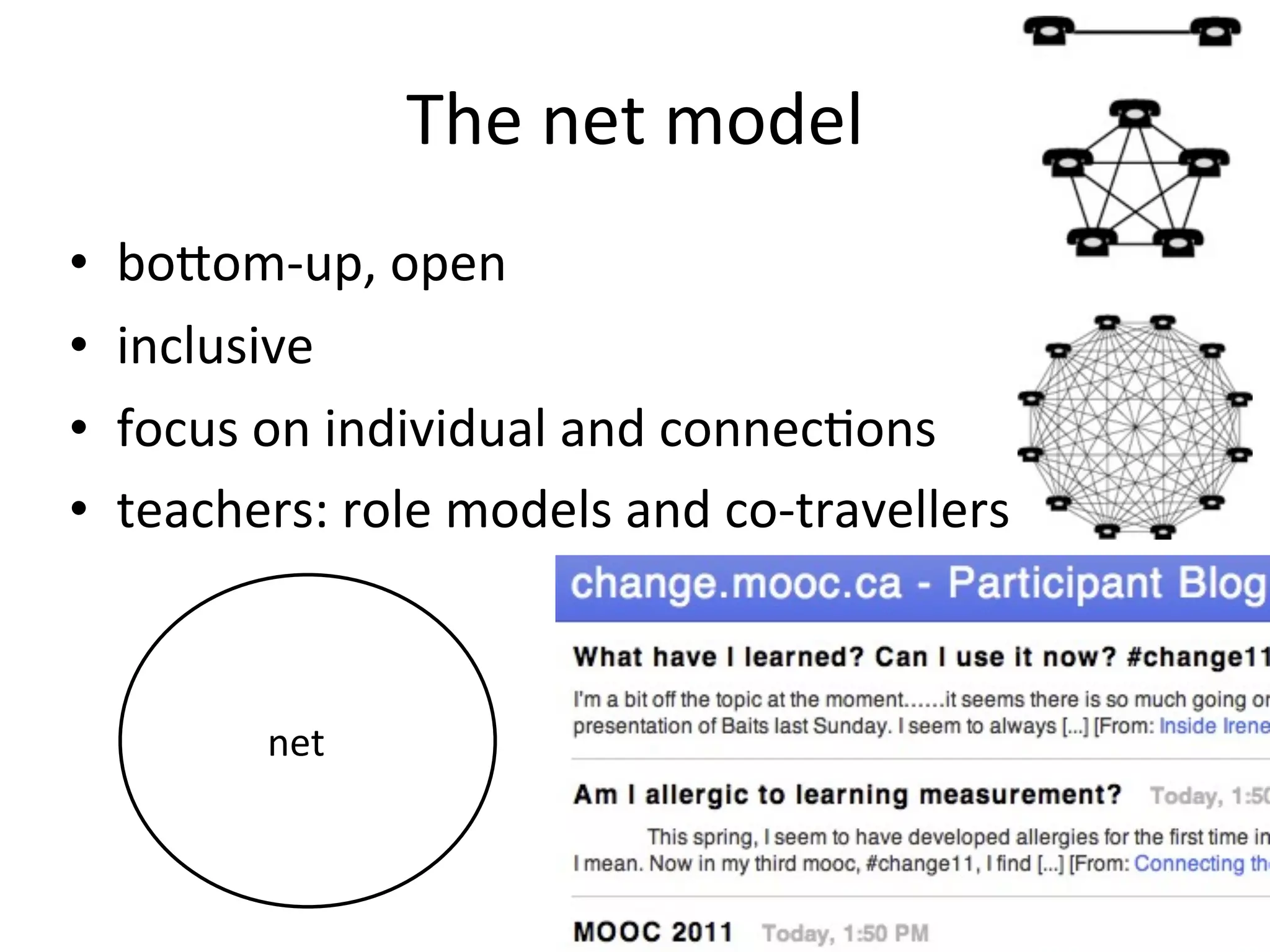 The	
  net	
  model
•   bofom-­‐up,	
  open
•   inclusive
•   focus	
  on	
  individual	
  and	
  connecAons
•   teachers:	
  role	
  models	
  and	
  co-­‐travellers



            net


                                                            33
 