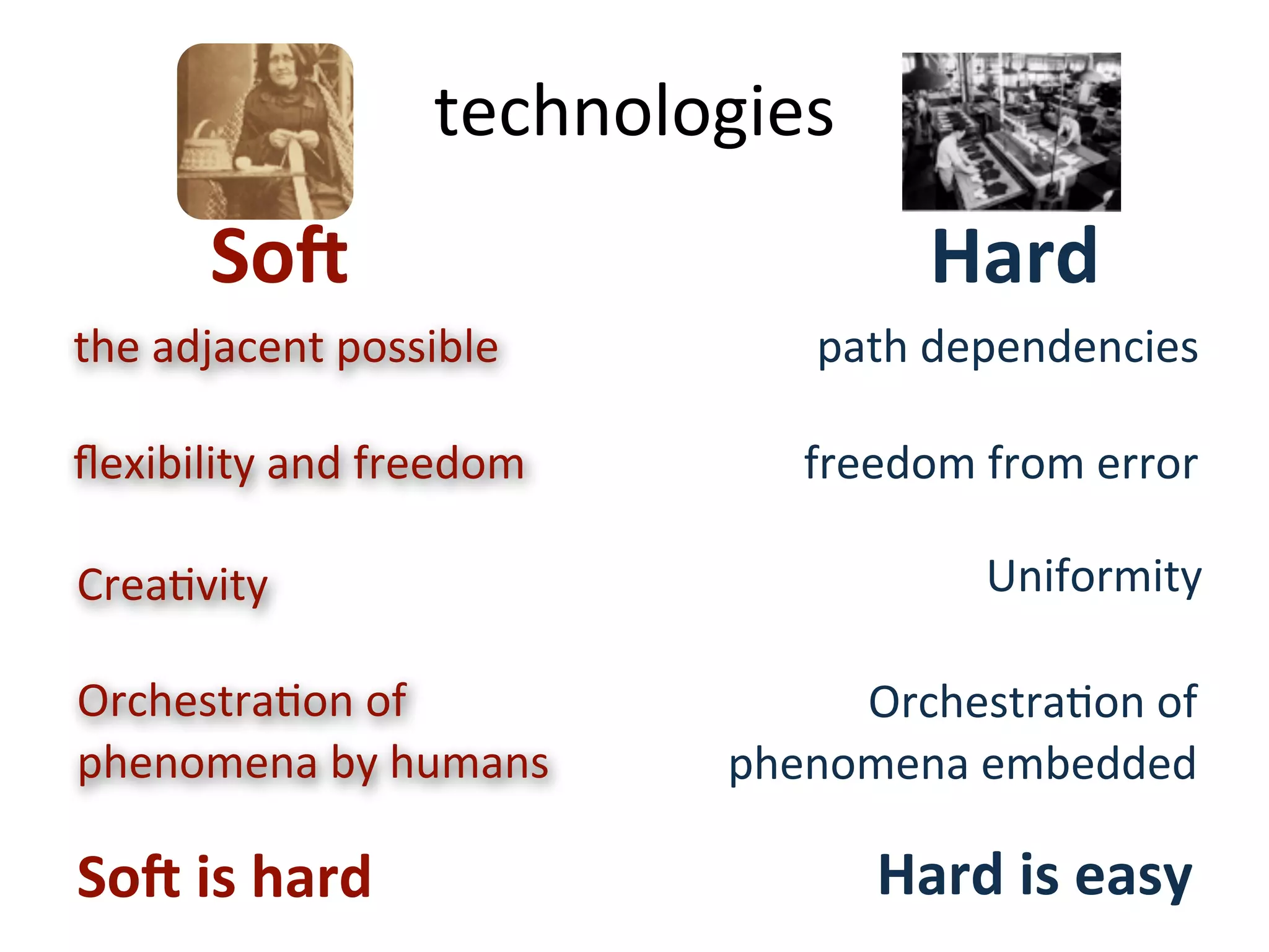 technologies
        So5	
                             Hard	
  
the	
  adjacent	
  possible        path	
  dependencies

ﬂexibility	
  and	
  freedom       freedom	
  from	
  error

CreaAvity                                     Uniformity

OrchestraAon	
  of	
                OrchestraAon	
  of	
  
phenomena	
  by	
  humans      phenomena	
  embedded

So5	
  is	
  hard                      Hard	
  is	
  easy
 
