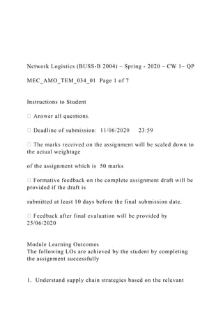 Network Logistics (BUSS-B 2004) – Spring - 2020 – CW 1– QP
MEC_AMO_TEM_034_01 Page 1 of 7
Instructions to Student
the actual weightage
of the assignment which is 50 marks
provided if the draft is
submitted at least 10 days before the final submission date.
25/06/2020
Module Learning Outcomes
The following LOs are achieved by the student by completing
the assignment successfully
1. Understand supply chain strategies based on the relevant
 