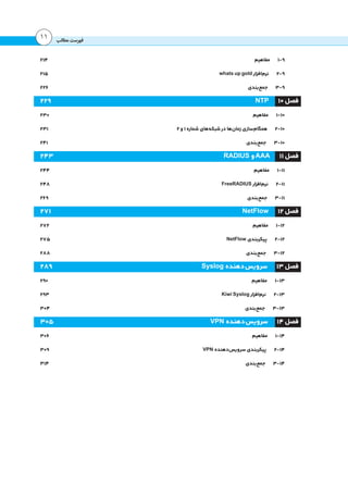 ‫مطالب‬‫فهرست‬11
214 	‫م‬‫مفاهی‬ 1-9
215 	whatsupgold ‫‌افزار‬‫م‬‫نر‬ 2-9
226 	‫ی‬‫‌بند‬‫ع‬‫جم‬ 3-9
229 	NTP  ۱۰ ‫فصل‬
230 	‫م‬‫مفاهی‬ 1-10
231 	2‫و‬1‫شماره‬‫‌های‬‫ه‬‫شبک‬ ‫در‬‫‌ها‬‫ن‬‫زما‬‫‌سازی‬‫م‬‫همگا‬ 2-10
241 	‫ی‬‫‌بند‬‫ع‬‫جم‬ 3-10
243 	RADIUS‫و‬AAA  ۱۱ ‫فصل‬
244 	‫م‬‫مفاهی‬ 1-11
248 	FreeRADIUS ‫‌افزار‬‫م‬‫نر‬ 2-11
269 	‫ی‬‫‌بند‬‫ع‬‫جم‬ 3-11
271 	NetFlow  ۱۲ ‫فصل‬
272 	‫م‬‫مفاهی‬ 1-12
275 	NetFlow‫پیکربندی‬ 2-12
288 	‫ی‬‫‌بند‬‫ع‬‫جم‬ 3-12
289 	Syslog‫‌دهنده‬ ‫س‬‫۳۱       سروی‬‫فصل‬
290 	‫م‬‫مفاهی‬ 1-13
293 	KiwiSyslog ‫‌افزار‬‫م‬‫نر‬ 2-13
304 	‫ی‬‫‌بند‬‫ع‬‫جم‬ 3-13
305 	VPN‫‌دهنده‬ ‫س‬‫فصل ۴۱       سروی‬
306 	‫م‬‫مفاهی‬ 1-14
309 	VPN‫‌دهنده‬‫س‬‫سروی‬‫پیکربندی‬ 2-14
314 	‫ی‬‫‌بند‬‫ع‬‫جم‬ 3-14
 