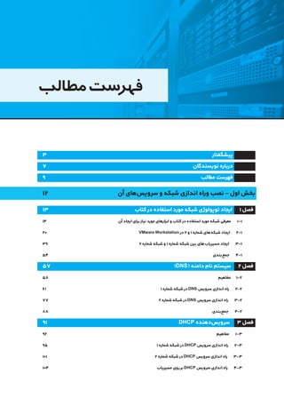 ‫مطالب‬‫فهرست‬
۳ 	‫ر‬‫پیشگفتا‬
۷ 	‫نویسندگان‬‫درباره‬
۹ 	‫مطالب‬‫فهرست‬
12 	‫ن‬‫آ‬‫‌های‬‫س‬‫سروی‬‫و‬‫شبکه‬‫اندازی‬‫وراه‬‫نصب‬-‫اول‬‫بخش‬
13 	‫ب‬‫کتا‬ ‫در‬‫استفاده‬‫مورد‬‫شبکه‬‫توپولوژی‬‫فصل ۱       ایجاد‬
14 	‫ن‬‫آ‬‫ایجاد‬‫برای‬ ‫نیاز‬‫مورد‬‫ابزارهای‬‫و‬‫کتاب‬ ‫در‬‫استفاده‬‫مورد‬‫شبکه‬‫معرفی‬ 1-1
20 	VMwareWorkstation ‫در‬2‫و‬1‫شماره‬‫‌های‬ ‫ه‬‫شبک‬‫ایجاد‬ 2-1
39 	2‫شماره‬‫شبکه‬‫و‬1‫شماره‬‫شبکه‬‫بین‬‫‌های‬ ‫ب‬‫مسیریا‬‫ایجاد‬ 3-1
54 	‫ی‬‫‌بند‬‌ ‫ع‬‫جم‬ 4-1
57 	)DNS(‫دامنه‬‫نام‬‫فصل ۲       سیستم‬
58 	‫م‬‫مفاهی‬ 1-2
61 	1‫شماره‬‫شبکه‬ ‫در‬DNS‫سرویس‬‫اندازی‬‫راه‬ 2-2
77 	2‫شماره‬‫شبکه‬ ‫در‬DNS‫سرویس‬‫اندازی‬‫راه‬ 3-2
88 	‫ی‬‫‌بند‬‫ع‬‫جم‬ 4-2
91 	DHCP‫‌دهنده‬‫س‬‫      سروی‬۳‫فصل‬
92 	‫م‬‫مفاهی‬ 1-3
95 	1‫شماره‬‫شبکه‬ ‫در‬DHCP‫سرویس‬‫اندازی‬‫راه‬ 2-3
101 	2‫شماره‬‫شبکه‬ ‫در‬DHCP‫سرویس‬‫اندازی‬‫راه‬ 3-3
104 	‫ب‬‫مسیریا‬‫روی‬‫بر‬DHCP‫سرویس‬‫اندازی‬‫راه‬ 4-3
 