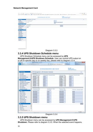 Network Management Card
30
Diagram 3.3.3
3.3.4 UPS Shutdown Schedule menu
UPS Shutdown Schedule menu can be accessed by UPS
Management→UPS Shutdown Schedule. User can control UPS output on
or off on specific day or on weekly day, please refer to diagram 3.3.4.
Diagram 3.3.4
3.3.5 UPS Shutdown menu
UPS Shutdown menu can be accessed by UPS Management→UPS
Shutdown. Please refer to diagram 3.3.5. When the selected event happens,
 