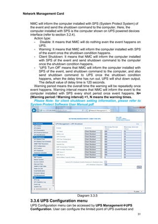 Network Management Card
31
NMC will inform the computer installed with SPS (System Protect System) of
the event and send the shutdown command to the computer. Here, the
computer installed with SPS is the computer shown on UPS powered devices
interface (refer to section 3.2.4).
Action type:
- Disable: It means that NMC will do nothing even the event happens on
UPS.
- Warning: It means that NMC will inform the computer installed with SPS
of the event once the shutdown condition happens.
- Client Shutdown: It means that NMC will inform the computer installed
with SPS of the event and send shutdown command to the computer
once the shutdown condition happens.
- “UPS Turn Off” means that NMC will inform the computer installed with
SPS of the event, send shutdown command to the computer, and also
send shutdown command to UPS once the shutdown condition
happens, when the delay time has run out, UPS will shut down output.
The default value of delay time is 120 seconds.
Warning period means the overall time the warning will be repeatedly once
event happens. Warning interval means that NMC will inform the event to the
computer installed with SPS every short period once event happens. N=
(Warning period / Warning interval) +1, N means the warning times.
Please Note: for client shutdown setting information, please refer to
System Protect Software User Manual.pdf
Diagram 3.3.5
3.3.6 UPS Configuration menu
UPS Configuration menu can be accessed by UPS Management→UPS
Configuration. User can configure the limited point of UPS overload and
 
