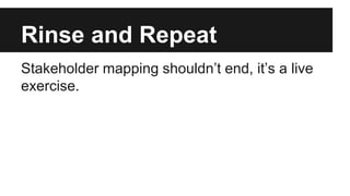 Rinse and Repeat 
Stakeholder mapping shouldn’t end, it’s a live 
exercise. 
 