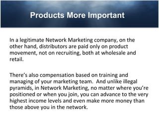 Products More Important


In a legitimate Network Marketing company, on the
other hand, distributors are paid only on product
movement, not on recruiting, both at wholesale and
retail.

There’s also compensation based on training and
managing of your marketing team. And unlike illegal
pyramids, in Network Marketing, no matter where you’re
positioned or when you join, you can advance to the very
highest income levels and even make more money than
those above you in the network.
 