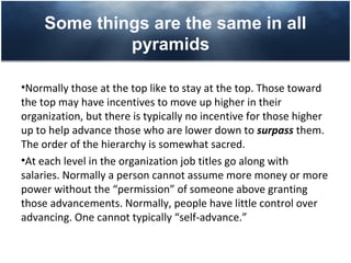 Some things are the same in all
              pyramids

•Normally those at the top like to stay at the top. Those toward
the top may have incentives to move up higher in their
organization, but there is typically no incentive for those higher
up to help advance those who are lower down to surpass them.
The order of the hierarchy is somewhat sacred.
•At each level in the organization job titles go along with
salaries. Normally a person cannot assume more money or more
power without the “permission” of someone above granting
those advancements. Normally, people have little control over
advancing. One cannot typically “self-advance.”
 