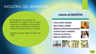 INDUSTRIA DEL BIENESTAR
En el siglo XXI, la Industria del
Bienestar ha surgido como un gran
auje de los modelos econoómicos,
cada díalas personas se interesan
más por su aspect físico y su salud.
¡Nadie se siente mejor al verse más
Viejo!
 