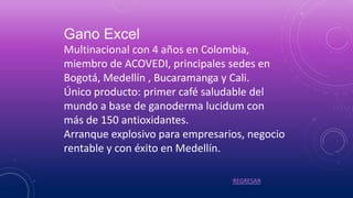 Gano Excel
Multinacional con 4 años en Colombia,
miembro de ACOVEDI, principales sedes en
Bogotá, Medellín , Bucaramanga y Cali.
Único producto: primer café saludable del
mundo a base de ganoderma lucidum con
más de 150 antioxidantes.
Arranque explosivo para empresarios, negocio
rentable y con éxito en Medellín.
REGRESAR
 
