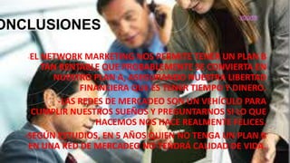 ONCLUSIONES
-EL NETWORK MARKETING NOS PERMITE TENER UN PLAN B
TAN RENTABLE QUE PROBABLEMENTE SE CONVIERTA EN
NUESTRO PLAN A, ASEGURANDO NUESTRA LIBERTAD
FINANCIERA QUE ES TENER TIEMPO Y DINERO.
-LAS REDES DE MERCADEO SON UN VEHÍCULO PARA
CUMPLIR NUESTROS SUEÑOS Y PREGUNTARNOS SI LO QUE
HACEMOS NOS HACE REALMENTE FELICES.
-SEGÚN ESTUDIOS, EN 5 AÑOS QUIEN NO TENGA UN PLAN B
EN UNA RED DE MERCADEO NO TENDRÁ CALIDAD DE VIDA.
VOLVER
 