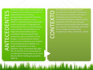ANTECEDENTESEl decimo siglo marco el principio de
la extensión económica mundial. La
tradicional venta continuo
prosperando a través del extremo
del siglo diez y nueve y en los
1900´s. el advenimiento del partido
casero en los años 50 agrego una
nueva dimensión a la venta directa
como clientes recolectados en el
hogar de presentadoras para
considerar demostraciones del
producto y para socializar con los
amigos. La venta directa ofreció
para muchos individuos que habían
encontrado barreras debido a la
edad, la educación o el sexo.
(Ibídem). Hoy, al principio del siglo
XXI, El interne se ha convertido en
un elemento importante en la venta
Directa (Direct Selling Association,
2003 a)
CONTEXTO
El contexto a nivel mundial de
acuerdo con el estudio “Presencia
de mujeres en puestos directivos”,
realizado por Grant Thornton
International Business Report 2013,
alrededor del 47% del mercado
laboral a nivel mundial está ocupado
por mujeres. Sin embargo, sólo 24%
de los cargos directivos está
ocupado por ellas. (Gutierrez, 2013)
 