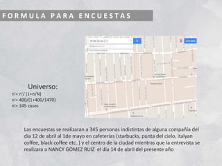 F O R M U L A P A R A E N C U E S T A S
Universo:
n'= n'/ (1+n/N)
n'= 400/(1+400/1470)
n'= 345 casos
Las encuestas se realizaran a 345 personas indistintas de alguna compañía del
día 12 de abril al 1de mayo en cafeterías (starbucks, punta del cielo, italyan
coffee, black coffee etc..) y el centro de la ciudad mientras que la entrevista se
realizara a NANCY GOMEZ RUIZ el día 14 de abril del presente año
 