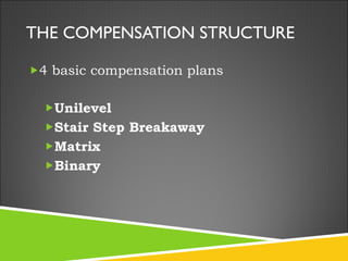 THE COMPENSATION STRUCTURE 4 basic compensation plans Unilevel  Stair Step Breakaway Matrix Binary 