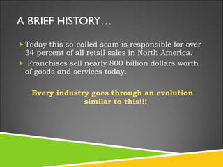 A BRIEF HISTORY… Today this so-called scam is responsible for over 34 percent of all retail sales in North America. Franchises sell nearly 800 billion dollars worth of goods and services today.  Every industry goes through an evolution similar to this!!! 
