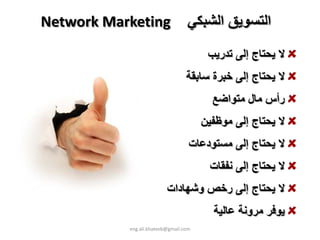 ‫اﻟﺘﺴﻮﻳﻖ اﻟﺸﺒﻜﻲ  ‪Network Marketing‬‬
                                         ‫ﻻ ﻳﺤﺘﺎج إﻟﻰ ﺗﺪرﻳﺐ‬
                                   ‫ﻻ ﻳﺤﺘﺎج إﻟﻰ ﺧﺒﺮة ﺳﺎﺑﻘﺔ‬
                                          ‫رأس ﻣﺎل ﻣﺘﻮاﺿﻊ‬
                                        ‫ﻻ ﻳﺤﺘﺎج إﻟﻰ ﻣﻮﻇﻔﻴﻦ‬
                                    ‫ﻻ ﻳﺤﺘﺎج إﻟﻰ ﻣﺴﺘﻮدﻋﺎت‬
                                         ‫ﻻ ﻳﺤﺘﺎج إﻟﻰ ﻧﻔﻘﺎت‬
                           ‫ﻻ ﻳﺤﺘﺎج إﻟﻰ رﺧﺺ وﺷﻬﺎدات‬
                                          ‫ﻳﻮﻓﺮ ﻣﺮوﻧﺔ ﻋﺎﻟﻴﺔ‬
            ‫‪eng.ali.khateeb@gmail.com‬‬
 
