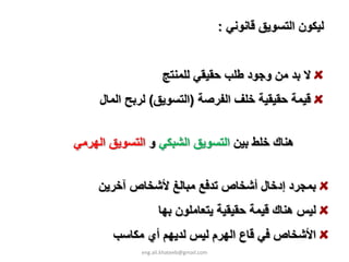 ‫ﻟﻴﻜﻮن اﻟﺘﺴﻮﻳﻖ ﻗﺎﻧﻮﻧﻲ :‬


                    ‫ﻻ ﺑﺪ ﻣﻦ وﺟﻮد ﻃﻠﺐ ﺣﻘﻴﻘﻲ ﻟﻠﻤﻨﺘﺞ‬
     ‫ﻗﻴﻤﺔ ﺣﻘﻴﻘﻴﺔ ﺧﻠﻒ اﻟﻔﺮﺻﺔ )اﻟﺘﺴﻮﻳﻖ( ﻟﺮﺑﺢ اﻟﻤﺎل‬


‫هﻨﺎك ﺧﻠﻂ ﺑﻴﻦ اﻟﺘﺴﻮﻳﻖ اﻟﺸﺒﻜﻲ و اﻟﺘﺴﻮﻳﻖ اﻟﻬﺮﻣﻲ‬


    ‫ﺑﻤﺠﺮد إدﺧﺎل أﺷﺨﺎص ﺗﺪﻓﻊ ﻣﺒﺎﻟﻎ ﻷﺷﺨﺎص ﺁﺧﺮﻳﻦ‬
                   ‫ﻟﻴﺲ هﻨﺎك ﻗﻴﻤﺔ ﺣﻘﻴﻘﻴﺔ ﻳﺘﻌﺎﻣﻠﻮن ﺑﻬﺎ‬
       ‫اﻷﺷﺨﺎص ﻓﻲ ﻗﺎع اﻟﻬﺮم ﻟﻴﺲ ﻟﺪﻳﻬﻢ أي ﻣﻜﺎﺳﺐ‬
             ‫‪eng.ali.khateeb@gmail.com‬‬
 