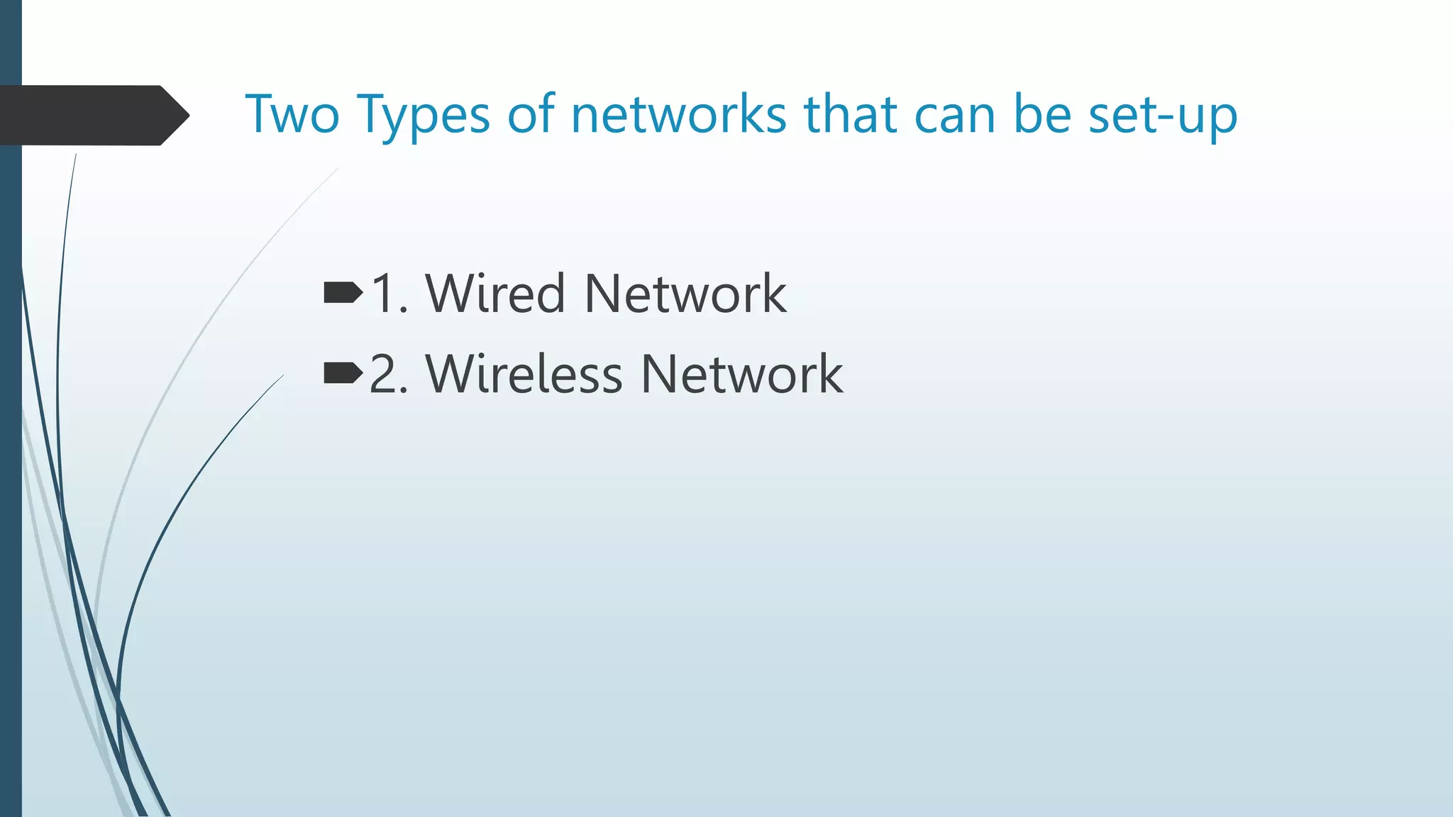 Two Types of networks that can be set-up
1. Wired Network
2. Wireless Network
 