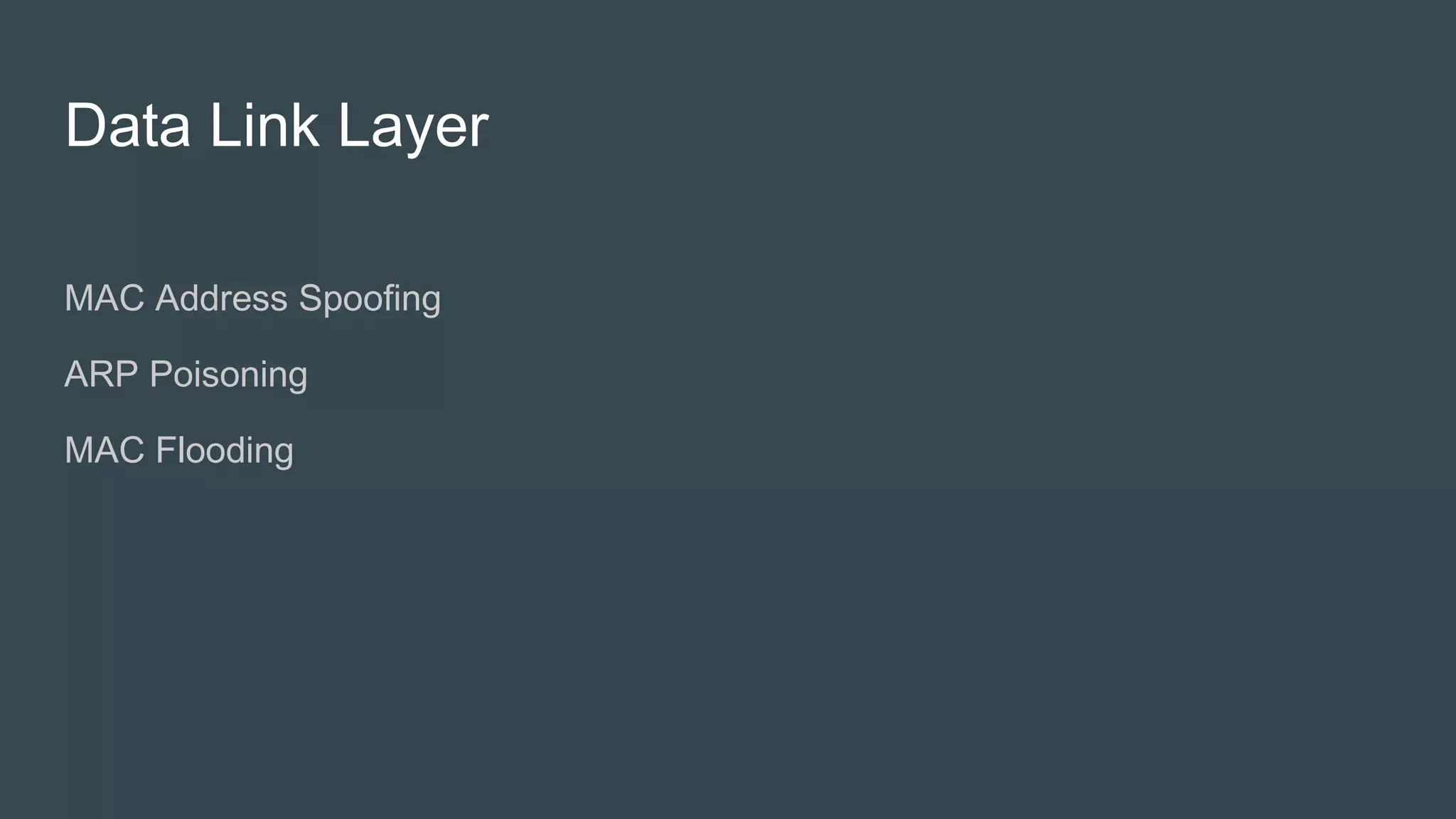 Data Link Layer
● MAC Address Spoofing
● ARP Poisoning
● MAC Flooding
 