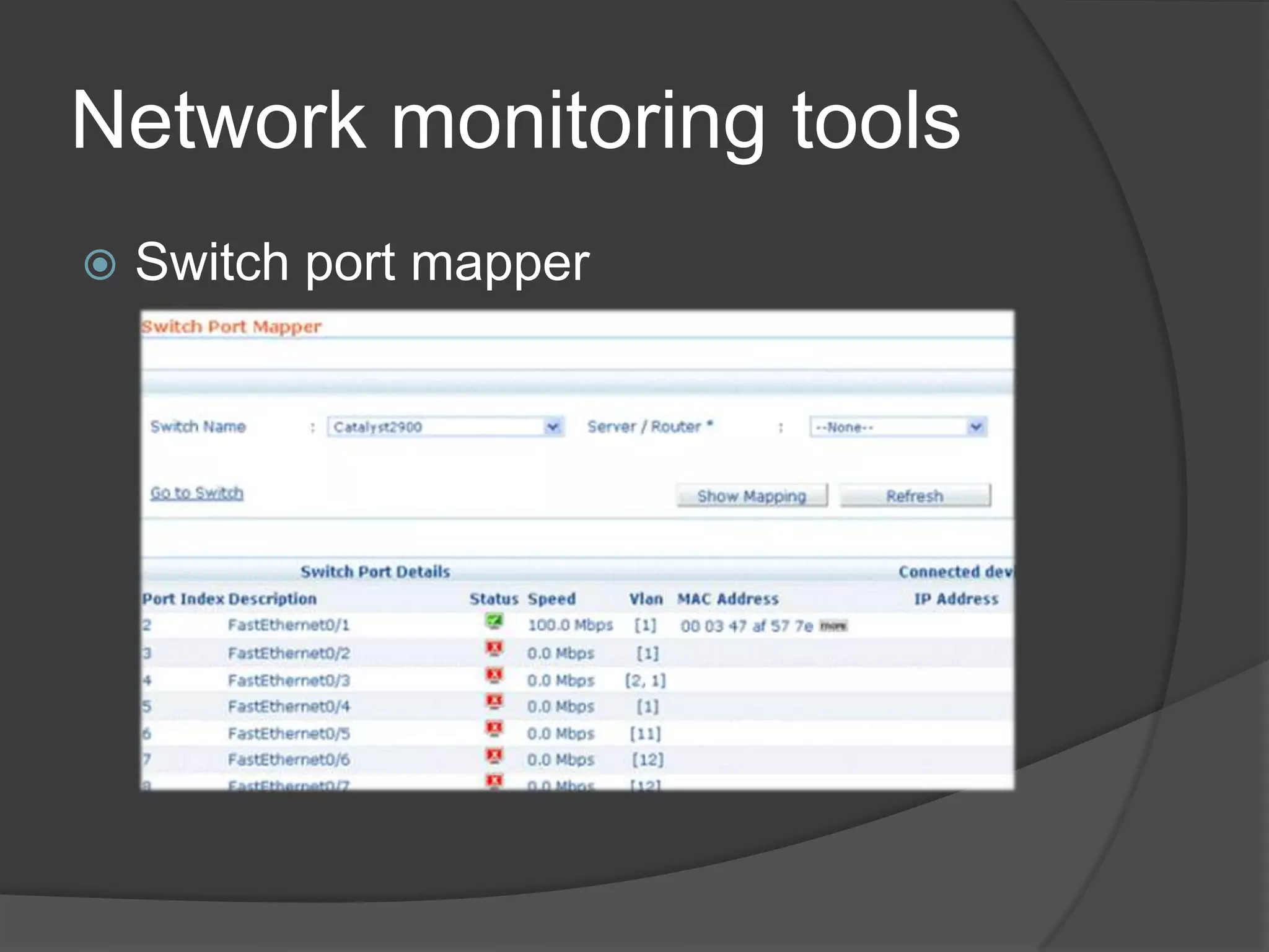 Network monitoring tools
   Switch port mapper
 