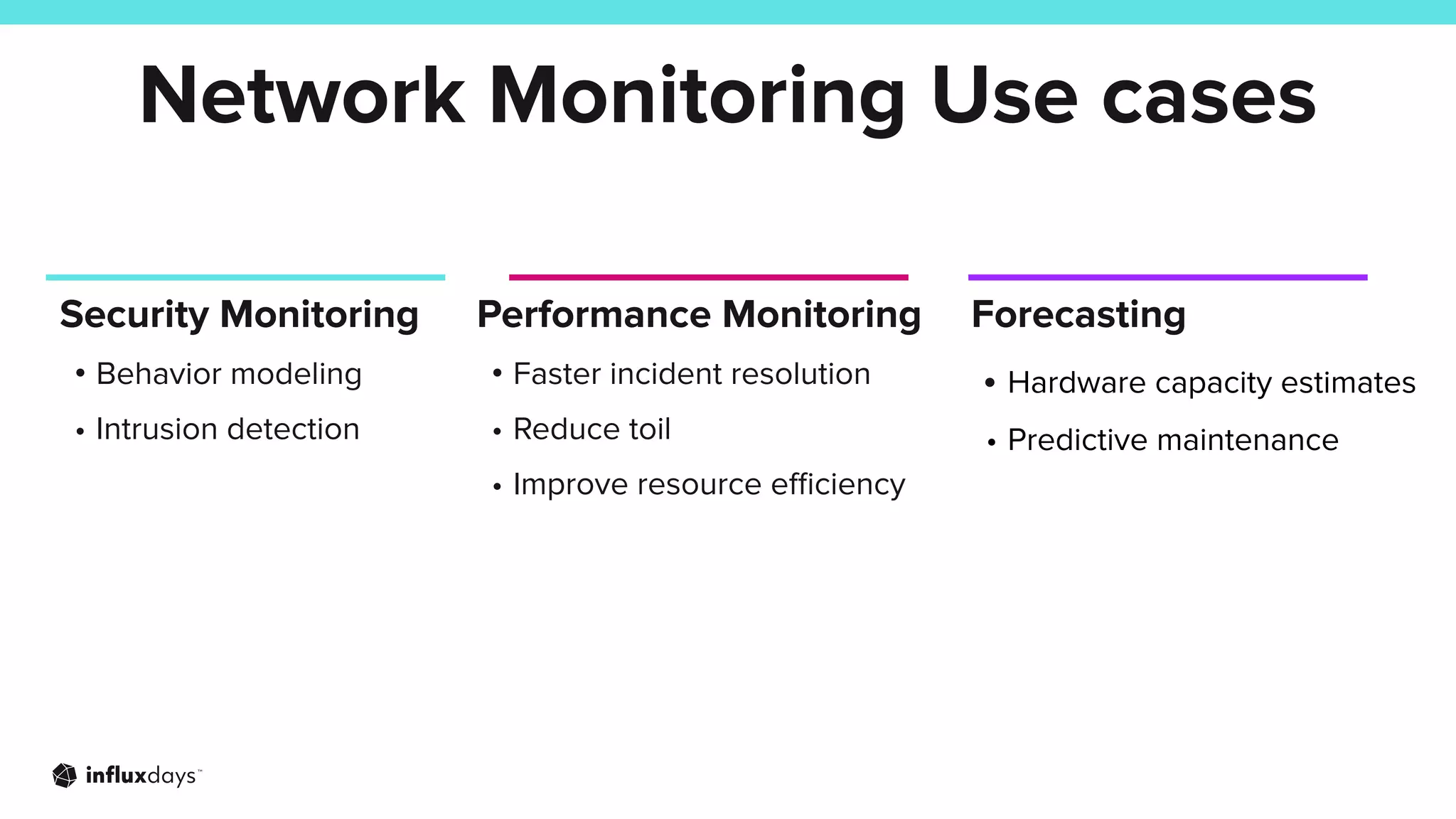 Network Monitoring Use cases
Security Monitoring
• Behavior modeling
• Intrusion detection
Performance Monitoring
• Faster incident resolution
• Reduce toil
• Improve resource eﬃciency
Forecasting
• Hardware capacity estimates
• Predictive maintenance
 