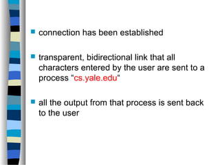  connection has been established 
 transparent, bidirectional link that all 
characters entered by the user are sent to a 
process “cs.yale.edu“ 
 all the output from that process is sent back 
to the user 
 