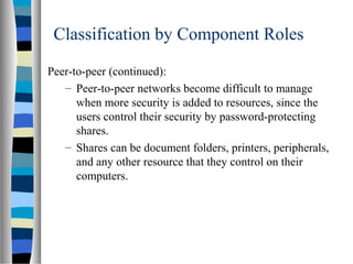 Classification by Component Roles
Peer-to-peer (continued):
– Peer-to-peer networks become difficult to manage
when more security is added to resources, since the
users control their security by password-protecting
shares.
– Shares can be document folders, printers, peripherals,
and any other resource that they control on their
computers.
 