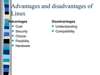 Advantages and disadvantages of
Linux
Advantages
 Cost
 Security
 Choice
 Flexibility
 Hardware
Disadvantages
 Understanding
 Compatibility
 