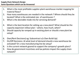 Supply Chain Network Design
Some Questions which can be Answered

  1.   What is the most profitable supplier-plant-warehouse-market mapping for
       material flows?
  2.   How many warehouses are needed in the network ? Where should they be
       located? What is the estimated size of warehouses ?
  3.   What is the desirable mode mix for servicing demand?

  4.   What is the best location for setting up a new plant? What should be the
       capacity expansion rollout plan – where, how much, when?
  5.   Should capacity be ramped up in existing plant or should a new plant be
       setup?

  6.   Own/Rent Decisions( eg: Subcontract v/s Own Build Up)
  7.   On/Off Decisions: At what level of demand should a new warehouse be
       activated? Or a new manufacturing line be setup?
  8.   Is the current network geared to support the company’s growth plans?
  9.   How do government incentives and tax policies impact the supply chain
       network?
 