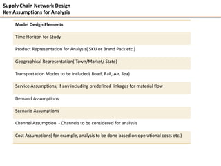 Supply Chain Network Design
Key Assumptions for Analysis

     Model Design Elements

     Time Horizon for Study

     Product Representation for Analysis( SKU or Brand Pack etc.)

     Geographical Representation( Town/Market/ State)

     Transportation Modes to be included( Road, Rail, Air, Sea)

     Service Assumptions, if any including predefined linkages for material flow

     Demand Assumptions

     Scenario Assumptions

     Channel Assumption - Channels to be considered for analysis

     Cost Assumptions( for example, analysis to be done based on operational costs etc.)
 