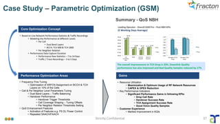 Strictly Confidential 37
Case Study – Parametric Optimization (GSM)
Leading Operator - Overall GSM Pre – Post NBH KPIs
(5 Working Days Average)
The overall improvement in TCH Drop is 33%. Downlink Quality
performance has also Improved and Bad Quality Samples reduced by 17%
96.50
97.00
97.50
98.00
98.50
99.00
99.50
Call
Comple on
Rate
HOSR Good DL
Rxqual%
Good UL
Rxqual%
98.95
97.44
97.29
97.71
99.30
97.80 97.75 97.81
Pre
Post
0.50
0.60
0.70
0.80
0.90
1.00
1.10
1.20
Average of TCH
Drop
Average of SD
Drop
1.05
1.11
0.70
1.07
Pre
Post
• Frequency Fine Tuning
• Optimization of ARFCN Assignment on BCCH & TCH
Layers on 10% of the Cells
• Cell & Per Neighbor Level Parameters Tuning
• Dual Band Layers – Traffic Balancing
• Handover Performance
• Handover Trigger Thresholds
• Cell Coverage Shaping – Tuning Offsets
• Per Neighbor Relation Thresholds Setting
• QoS Enhancement Features
• Activation of Features e.g. PS DL Power Control
• Repeated SAACH/FAACH
Performance Optimization Areas
• Resource Utilization
• Maximization & Optimum Usage of RF Network Resources
• CAPEX & OPEX Reduction
• Key Performance Indicators
• Significant Performance Gains in following KPIs:
• Drop Call Rate
• Handover Success Rate
• TCH Assignment Success Rate
• Good Voice Quality Samples
• Customer Experience
• Marked Improvement in KQIs
Gains
• Based on Live Network Performance Statistics & Traffic Recordings
• Modeling the Performance at different Levels
• Per Cell
• Dual Band Layers
• BCCH; TCH 900 & TCH 1800
• Per Neighbor Relation
• Performance Data Capture Duration
• Performance Raw Statistics – 7 to 14 Days
• Traffic / Trace Recordings – 3 to 5 Days
Core Optimization Concept
Summary - QoS NBH
 