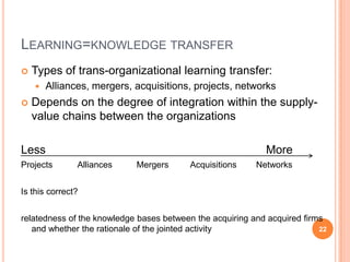 Knowledge transferThe replication of knowledge in alliances requires both firms to implement managerial processes to transfer and receive knowledge (Wang and Nicholas , 2005). Wang and Nicholas (2005) distinguish learning into collective and competitive:Collective learning occurs in cases where partners learn to work together and mutually acquire knowledge.Competitive learning occurs when partners strive to out-learn each other.17