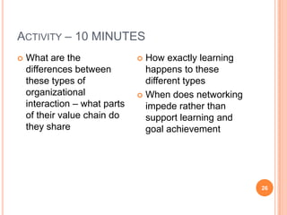 factorsIndustry/sectorType of relationshipTrust, risk, power and control in relationshipOrganisational strategyOrganisational cultureLearning culture/strategyKnowledge management processes21