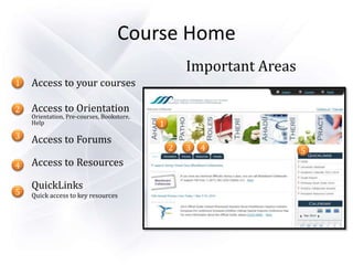 Important Areas
Access to your courses
Access to Orientation
Orientation, Pre-courses, Bookstore,
Help
Access to Forums
Access to Resources
QuickLinks
Quick access to key resources
Course Home
1
2
3
4
5
1
2 3 4 5
 