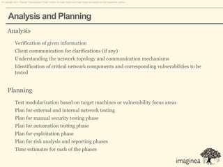 © Copyright 2011. Pramati Technologies Private Limited. All trade names and trade marks are owned by their respective owners.




      Analysis and Planning
     Analysis
             Verification of given information
             Client communication for clarifications (if any)
             Understanding the network topology and communication mechanisms
             Identification of critical network components and corresponding vulnerabilities to be
             tested


     Planning
             Test modularization based on target machines or vulnerability focus areas
             Plan for external and internal network testing
             Plan for manual security testing phase
             Plan for automation testing phase
             Plan for exploitation phase
             Plan for risk analysis and reporting phases
             Time estimates for each of the phases
 