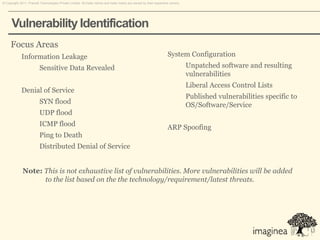 © Copyright 2011. Pramati Technologies Private Limited. All trade names and trade marks are owned by their respective owners.




      Vulnerability Identification
     Focus Areas
             Information Leakage                                                                                    System Configuration
                          Sensitive Data Revealed                                                                               Unpatched software and resulting
                                                                                                                                vulnerabilities
                                                                                                                                Liberal Access Control Lists
             Denial of Service
                                                                                                                                Published vulnerabilities specific to
                          SYN flood                                                                                             OS/Software/Service
                          UDP flood
                          ICMP flood                                                                                ARP Spoofing
                          Ping to Death
                          Distributed Denial of Service


              Note: This is not exhaustive list of vulnerabilities. More vulnerabilities will be added
                    to the list based on the the technology/requirement/latest threats.
 