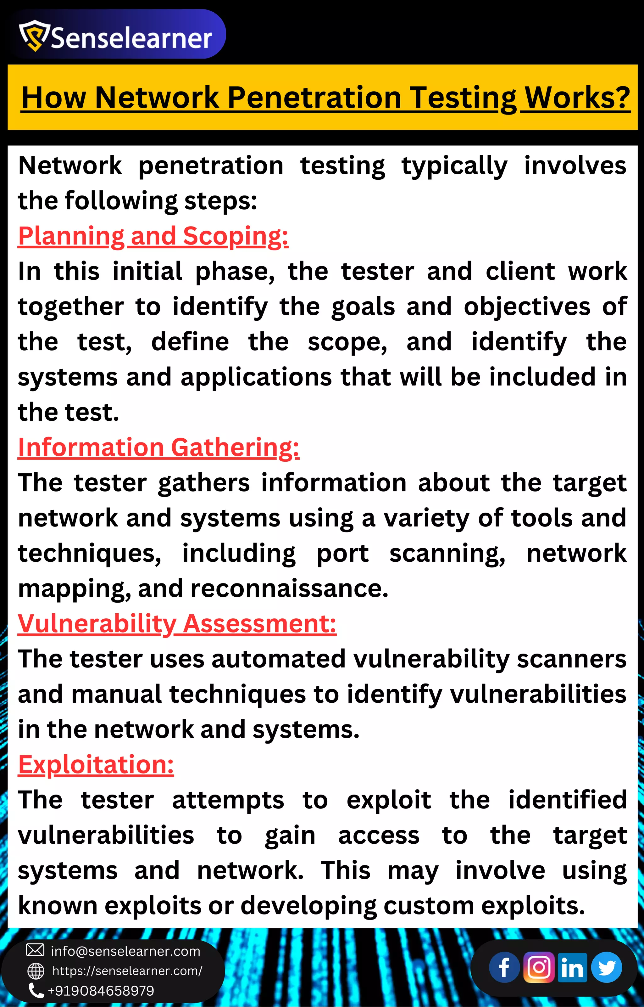 +919084658979
info@senselearner.com
https://senselearner.com/
How Network Penetration Testing Works?
Network penetration testing typically involves
the following steps:
Planning and Scoping:
In this initial phase, the tester and client work
together to identify the goals and objectives of
the test, define the scope, and identify the
systems and applications that will be included in
the test.
Information Gathering:
The tester gathers information about the target
network and systems using a variety of tools and
techniques, including port scanning, network
mapping, and reconnaissance.
Vulnerability Assessment:
The tester uses automated vulnerability scanners
and manual techniques to identify vulnerabilities
in the network and systems.
Exploitation:
The tester attempts to exploit the identified
vulnerabilities to gain access to the target
systems and network. This may involve using
known exploits or developing custom exploits.
 