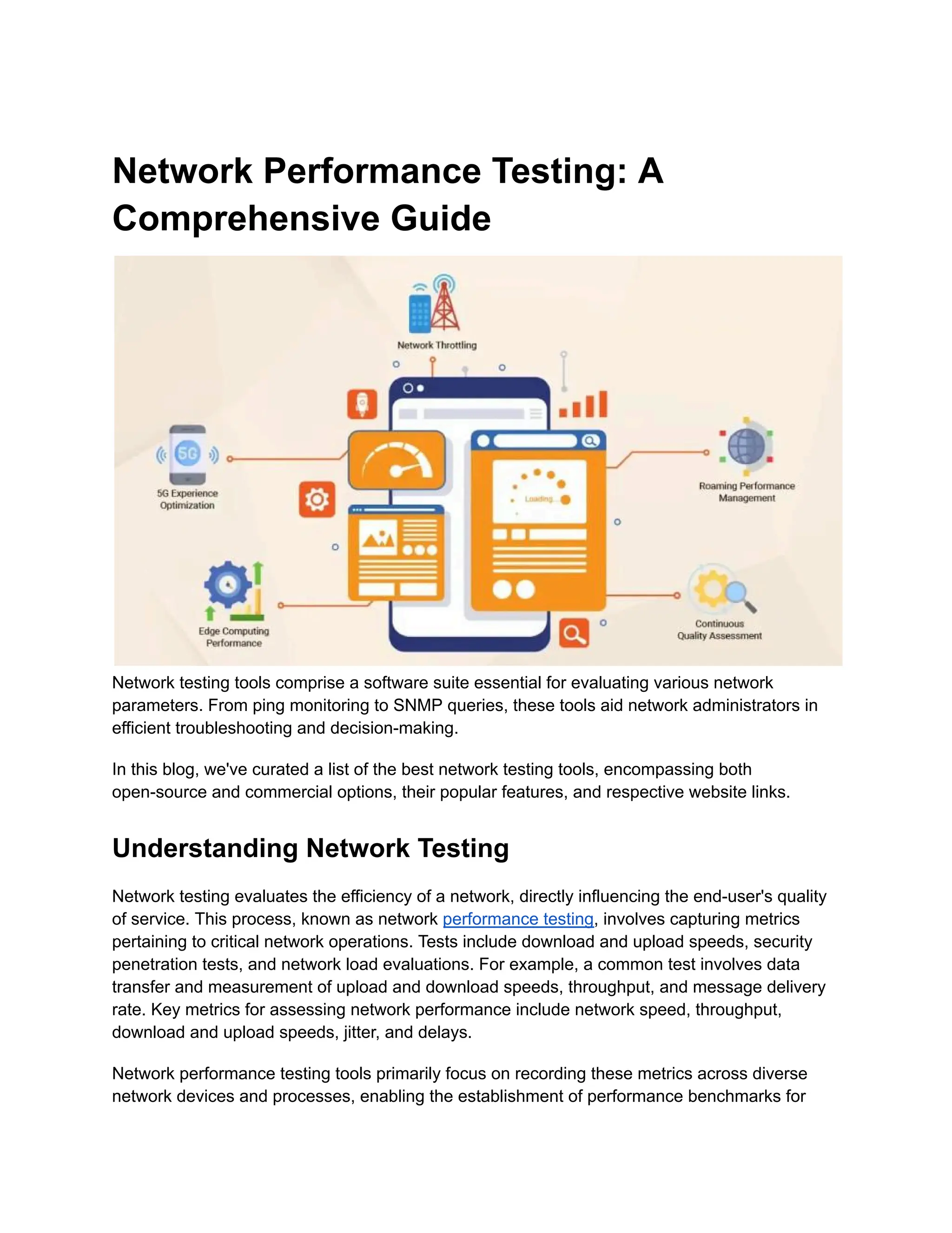 Network Performance Testing: A
Comprehensive Guide
Network testing tools comprise a software suite essential for evaluating various network
parameters. From ping monitoring to SNMP queries, these tools aid network administrators in
efficient troubleshooting and decision-making.
In this blog, we've curated a list of the best network testing tools, encompassing both
open-source and commercial options, their popular features, and respective website links.
Understanding Network Testing
Network testing evaluates the efficiency of a network, directly influencing the end-user's quality
of service. This process, known as network performance testing, involves capturing metrics
pertaining to critical network operations. Tests include download and upload speeds, security
penetration tests, and network load evaluations. For example, a common test involves data
transfer and measurement of upload and download speeds, throughput, and message delivery
rate. Key metrics for assessing network performance include network speed, throughput,
download and upload speeds, jitter, and delays.
Network performance testing tools primarily focus on recording these metrics across diverse
network devices and processes, enabling the establishment of performance benchmarks for
 